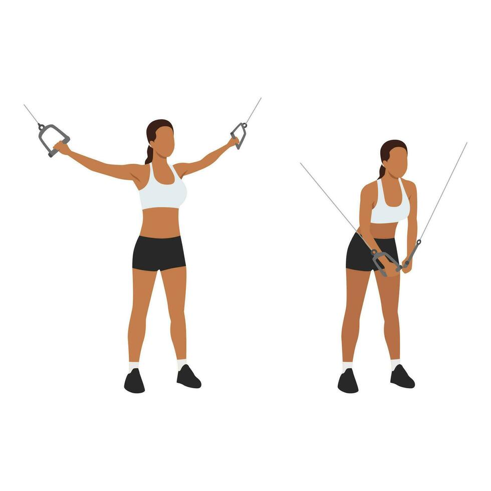 mujer haciendo en pie cable Transversal prensa. cable moscas ejercicio. plano vector ilustración aislado en blanco antecedentes. rutina de ejercicio personaje