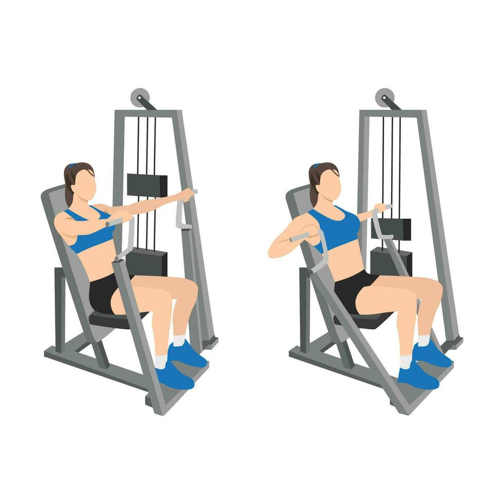 Woman doing Hammer strength machine. Seated chest press exercise. Flat vector illustration isolated on white background. Workout character