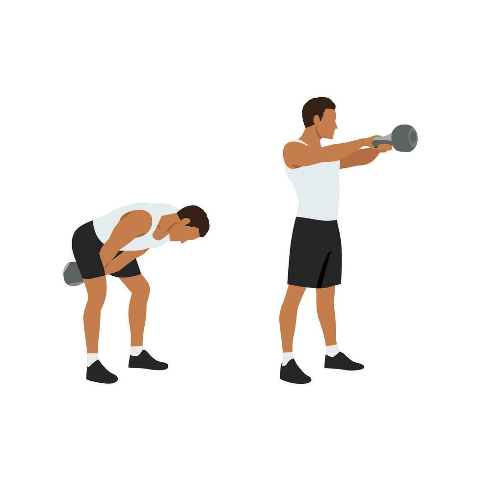 Man doing Kettlebell swing exercise. Flat vector illustration isolated on white background