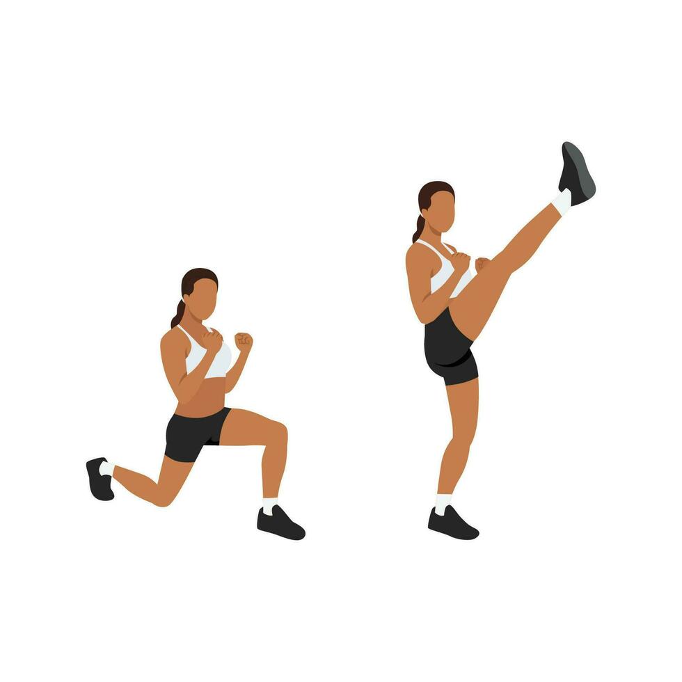 Woman doing Lunge. Front kicks exercise. Flat vector illustration isolated on white background