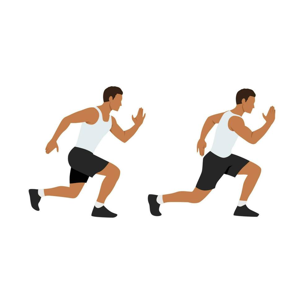 Man doing Alternating lunge jump exercise. Flat vector illustration isolated on white background