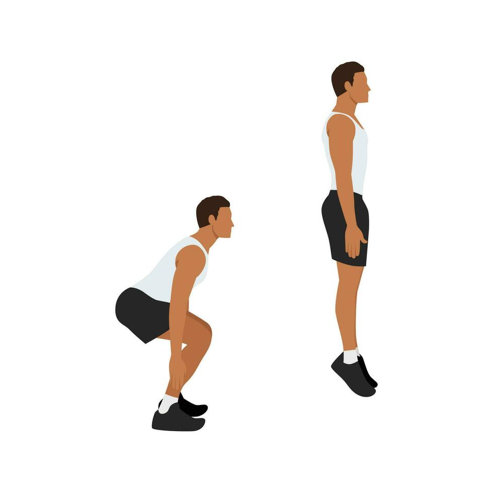 Man doing Jump squat exercise. Flat vector illustration isolated on white background