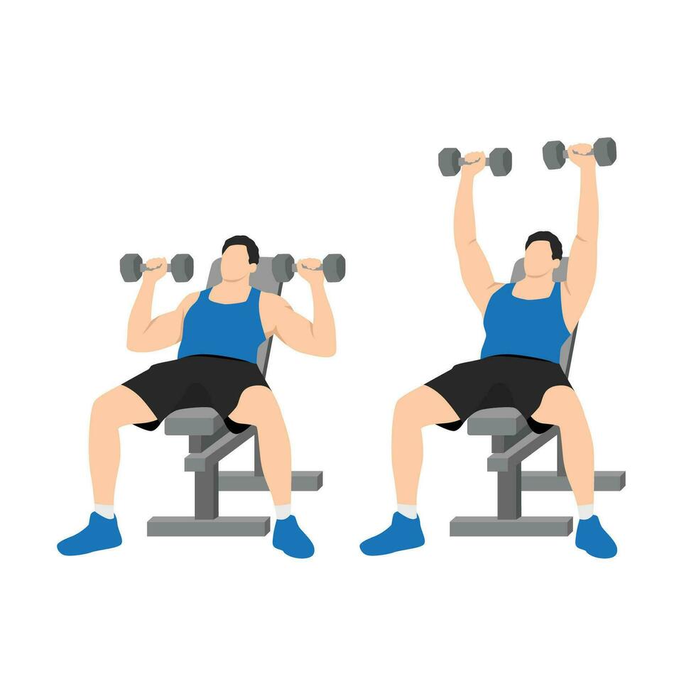 Man doing Incline Dumbbell bench press exercise. Flat vector illustration isolated on white background. Workout character