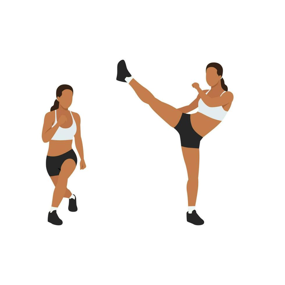 Woman doing Curtsy lunge side kick exercise. Flat vector illustration isolated on white background
