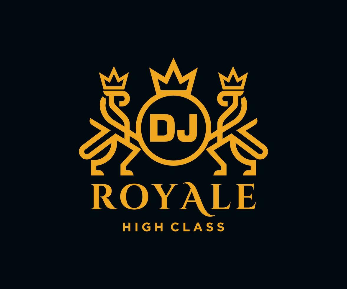 Golden Letter DJ template logo Luxury gold letter with crown. Monogram alphabet . Beautiful royal initials letter. vector
