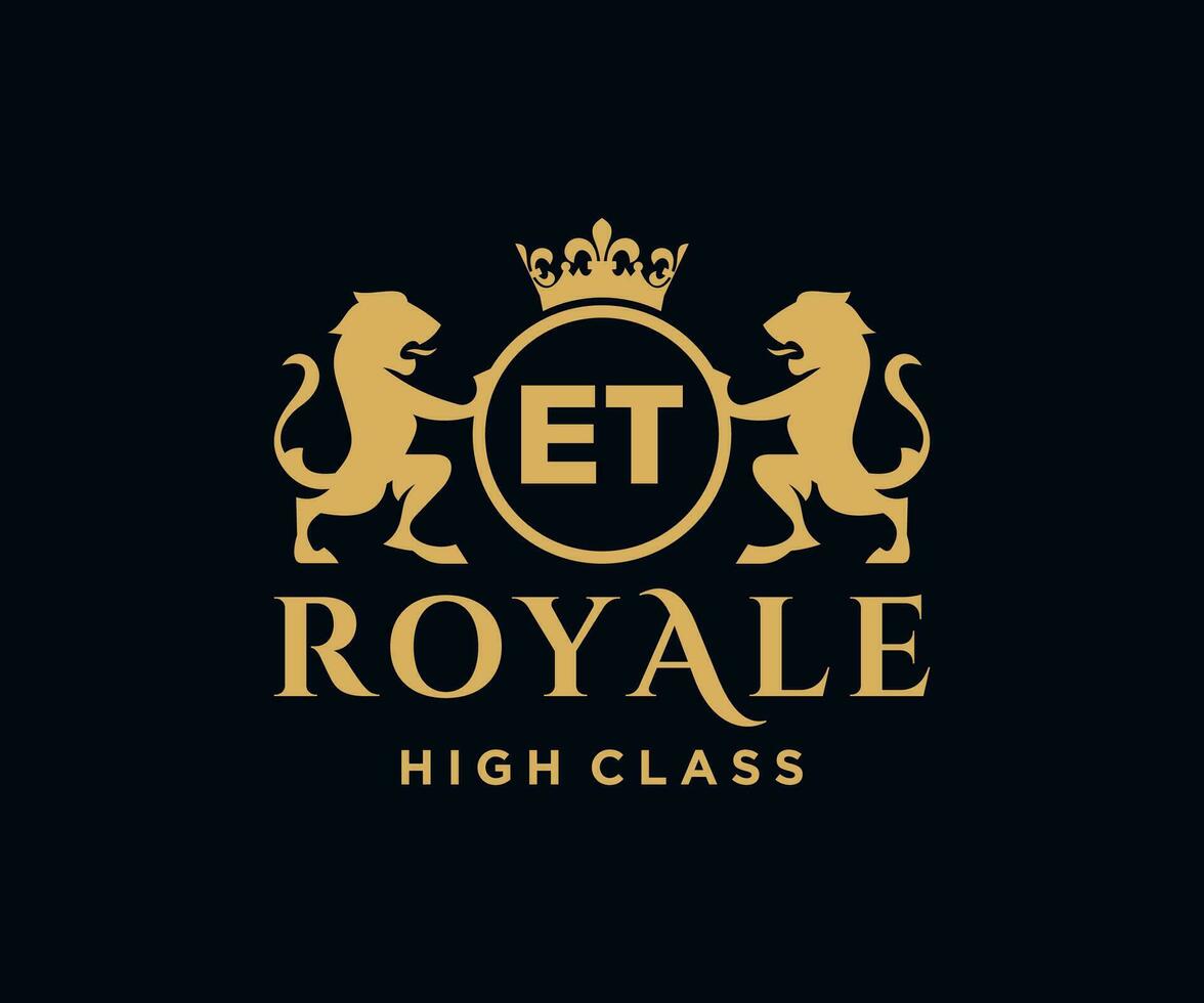 Golden Letter ET template logo Luxury gold letter with crown. Monogram alphabet . Beautiful royal initials letter. vector