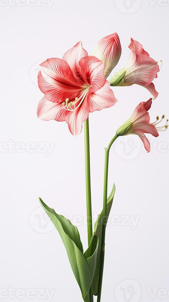 Photo of beautiful Amaryllis flower isolated on white background. Generative AI