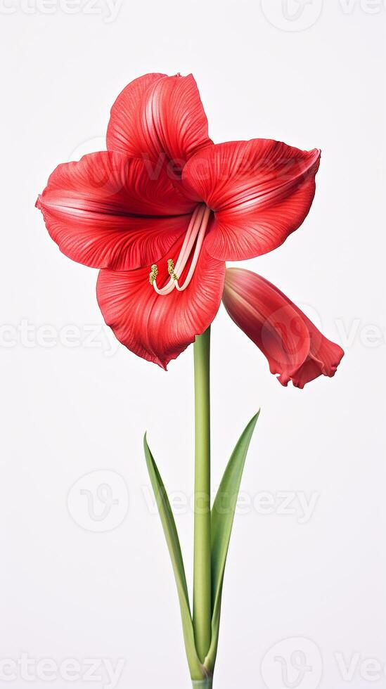 Photo of beautiful Amaryllis flower isolated on white background. Generative AI