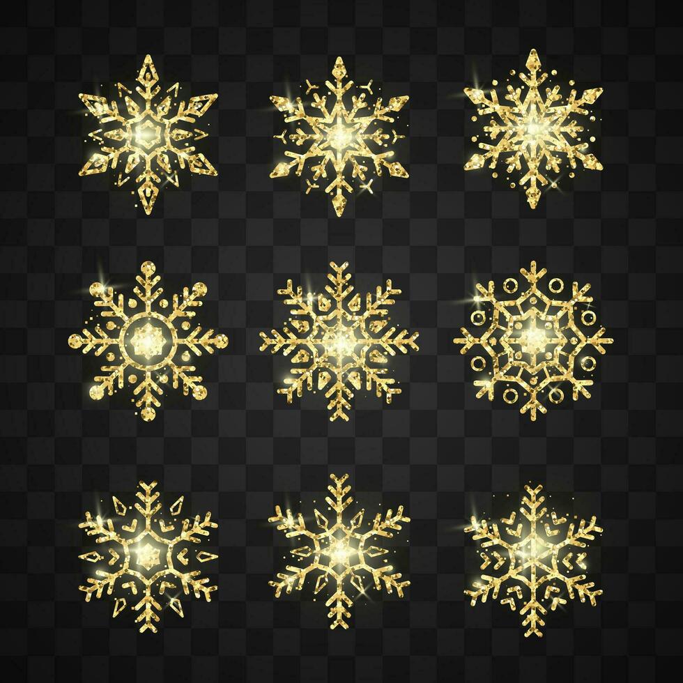 Golden Snowflake Set. New Year and Christmas decoration element. Shiny gold luxury flake collection. Vector illustration