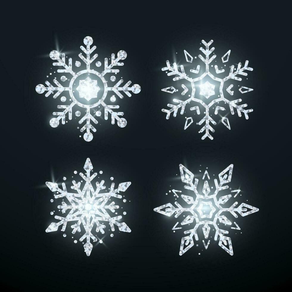 Silver Snowflake Set. Christmas decoration element. Shiny silver luxury flake. Vector illustration isolated on black background