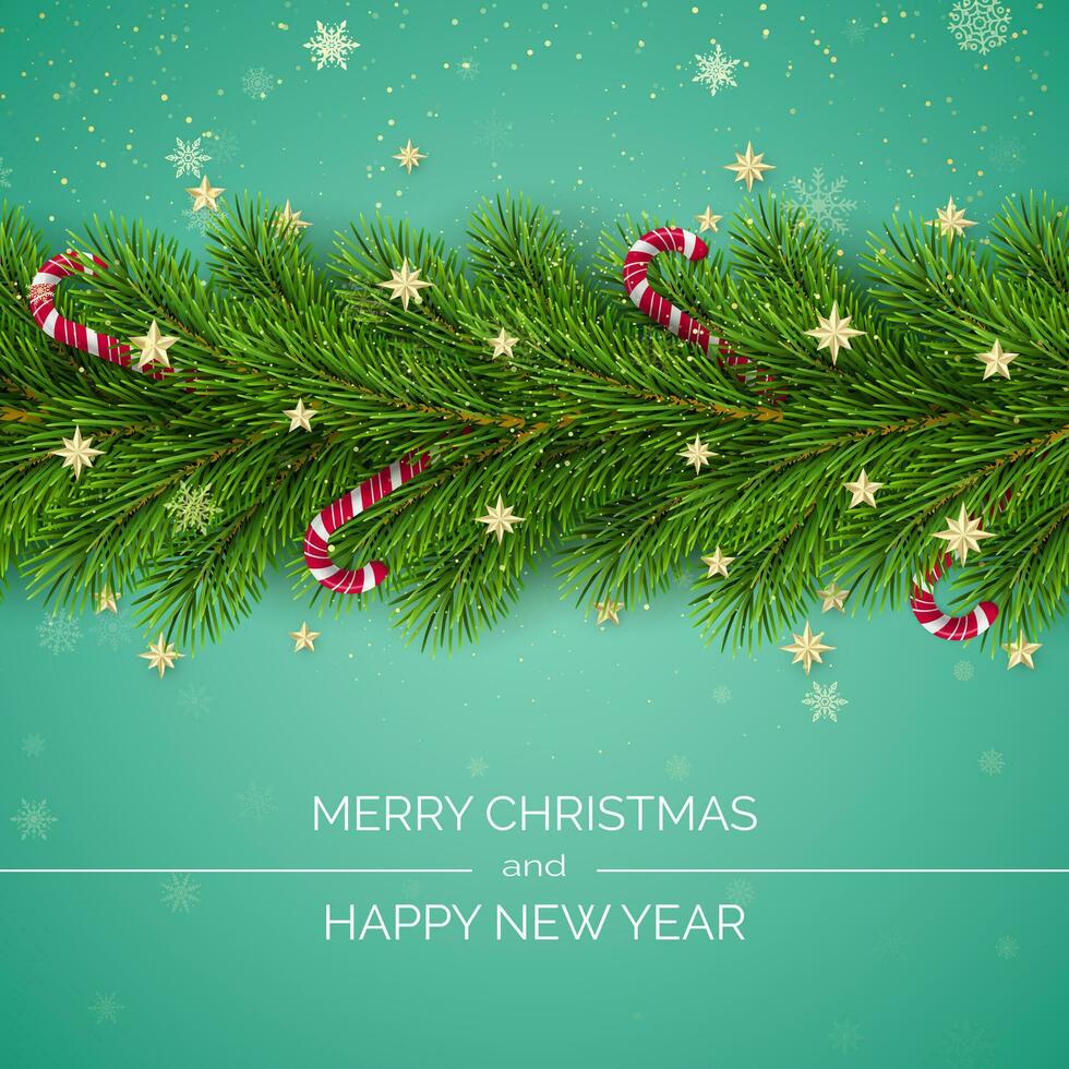 alegre Navidad y contento nuevo año. Navidad árbol ramas decorado con dorado estrellas y copos de nieve y caramelo bastones fiesta decoración elemento con deseos. vector