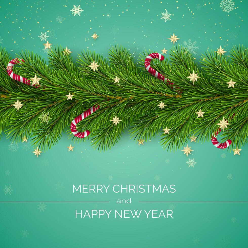 Merry Christmas and Happy New Year. Christmas Tree Branches Decorated with Golden Stars and Snowflakes and Candy Canes. Holiday Decoration Element with Wishes. Vector