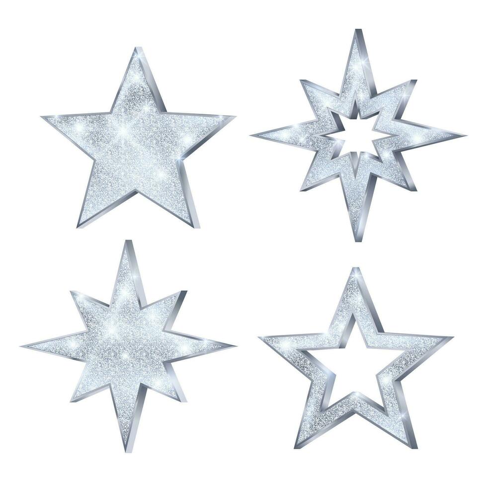 Set of Christmas silver stars. Luxury and glamour glitter star. Decoration element for holiday card or banner. Vector illustration isolated on white background