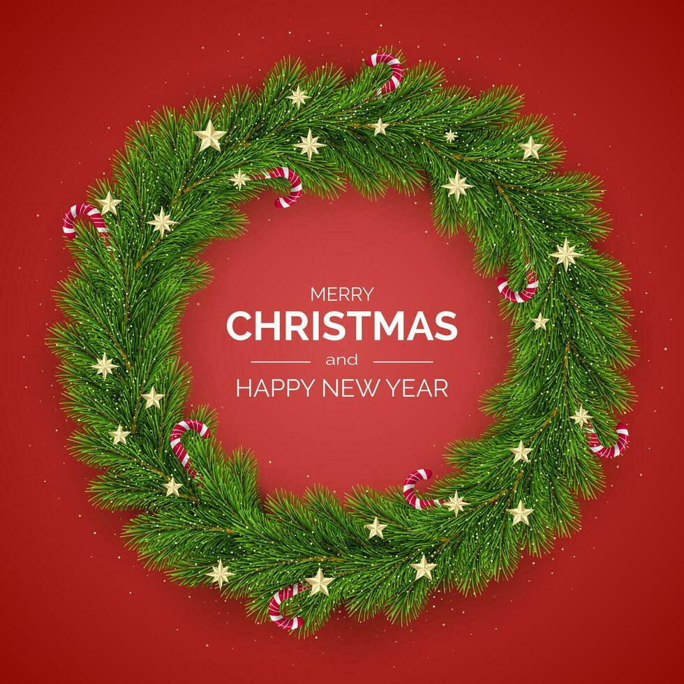 Merry Christmas and Happy New Year. Christmas Tree Wreath Decorated with Golden Stars and Candy Canes. Holiday Decoration Element on Red Background. Vector