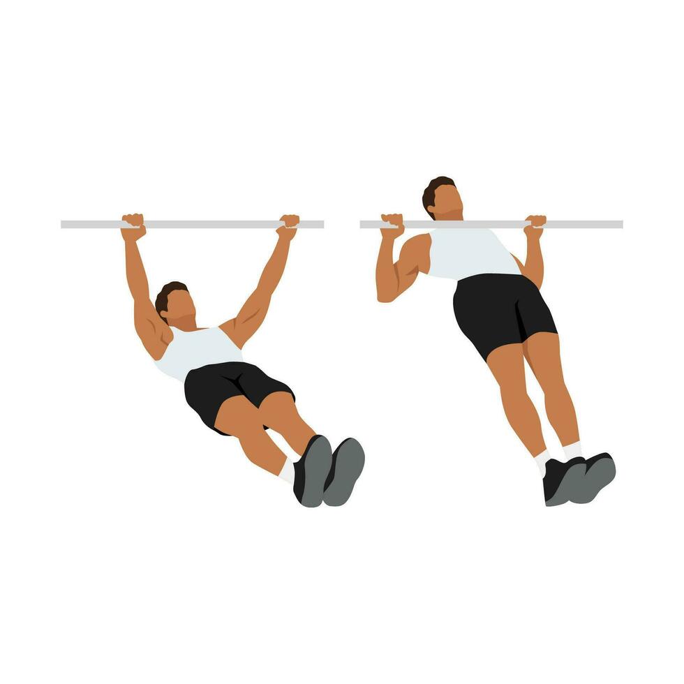 Man doing Inverted rows. reverse pull ups exercise. Flat vector illustration isolated on white background