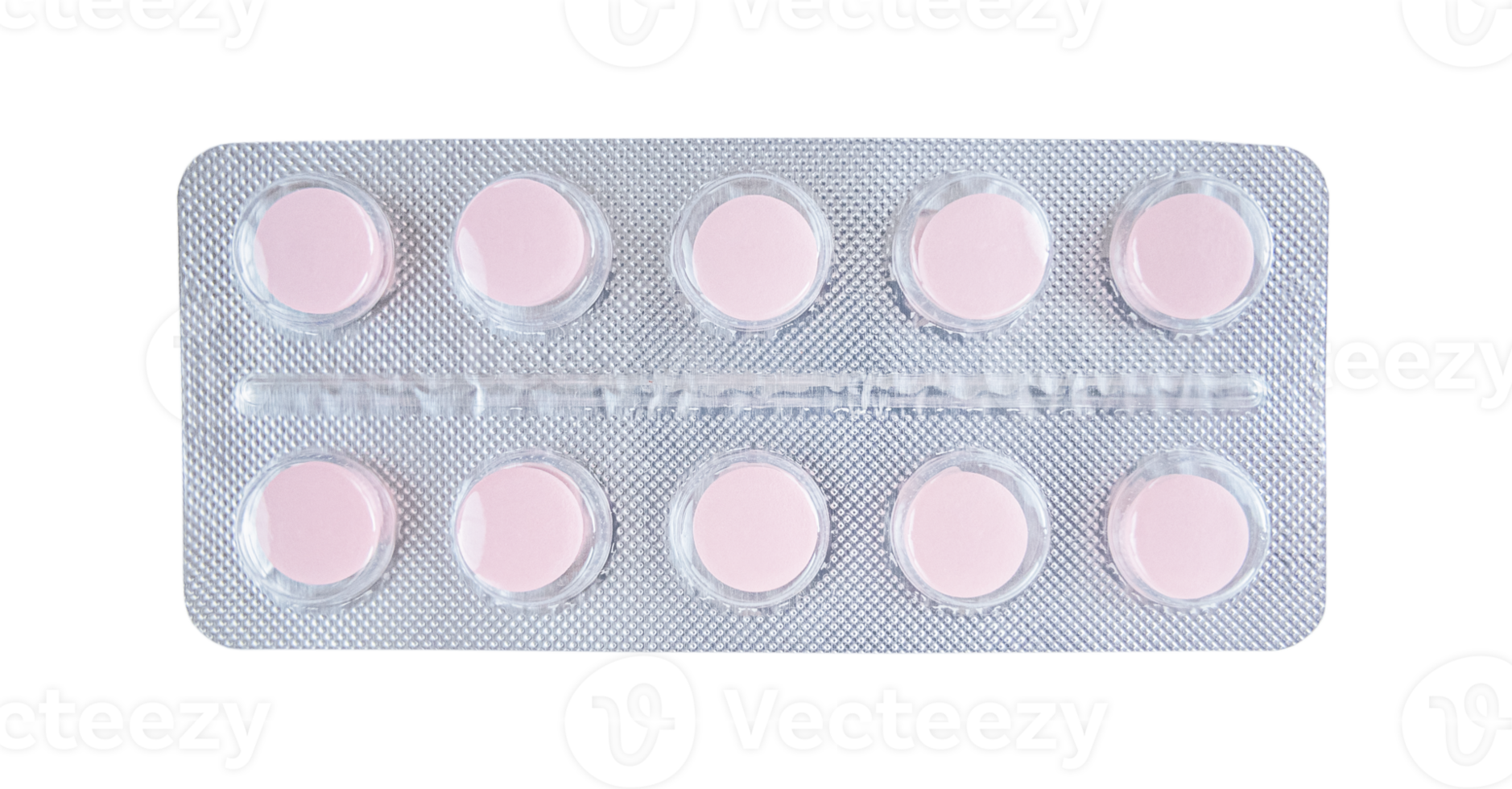 Pink tablets in blister isolated on transparent png background. Stock photo