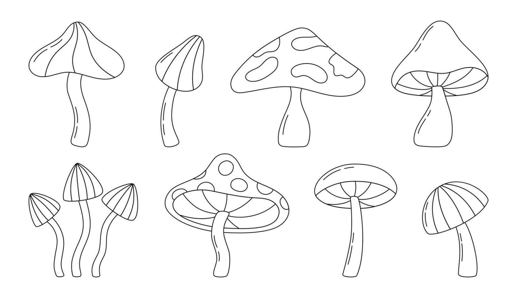 Collection of outline mushrooms isolated on white background. Hand drawn mushroom in line style. Vector illustration.