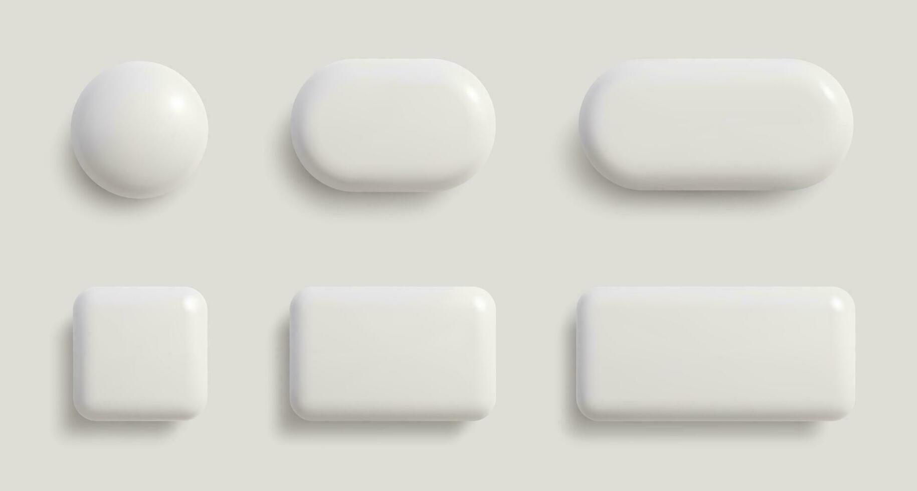 White monochrome 3D button set in different shapes. Blank glossy round, square and rectangle badges. vector