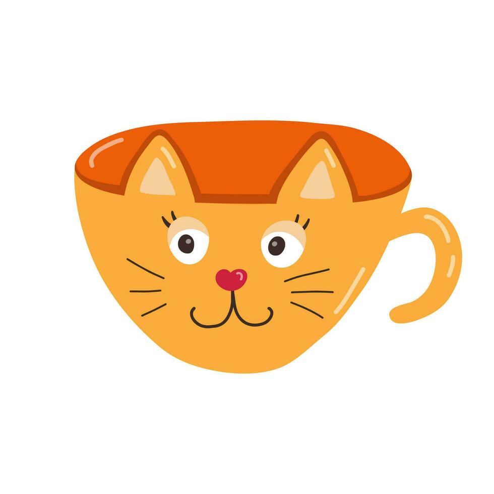 Cute hand drawn handmade ceramic mug in the shape of cat. Tea cup and coffee mug for scandinavian kitchen. Colorful vector clipart of morning crockery, cartoon cup porcelain tableware