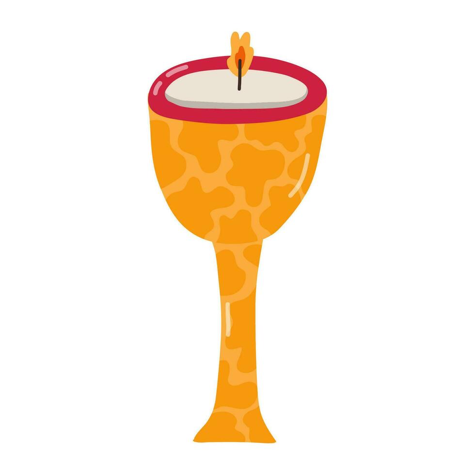 Cute handmade ceramic candlestick with burning candle.. Trendy craft candle holder in the style of 70s with colorful and trendy patterns. Scandinavian home decorations. Hand drawn vector clipart