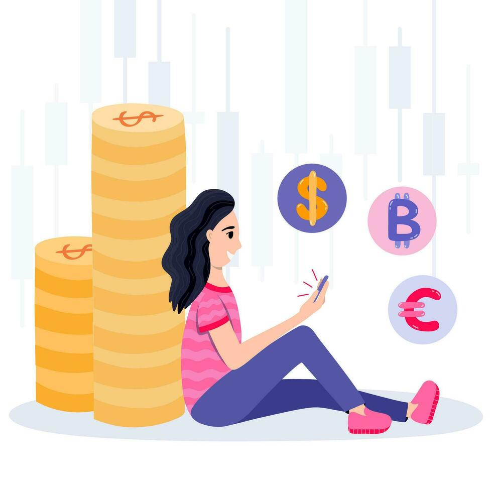 Woman sitting near stack of coins, watching technical analysis of stock trends via mobile. Concept of market crash analysis, passive profit or gain, analyze investment downturn, trading and investing vector