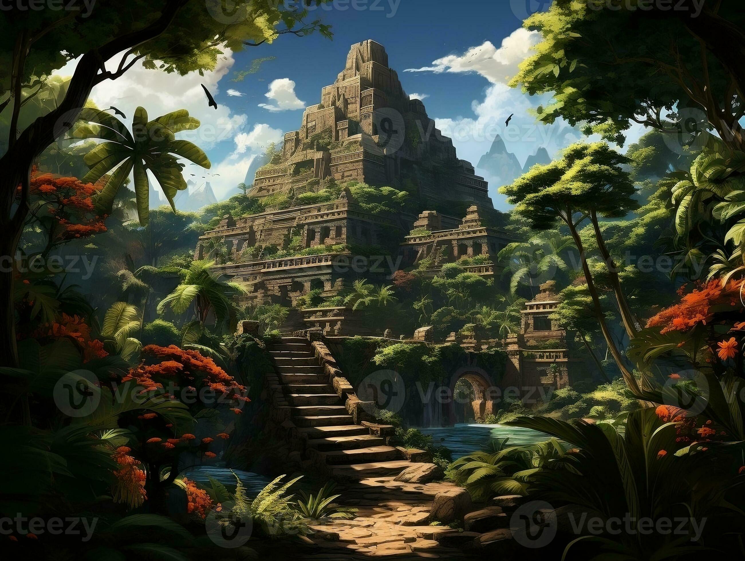 An ancient Mayan pyramid rising from the lush and dense rainforest ...