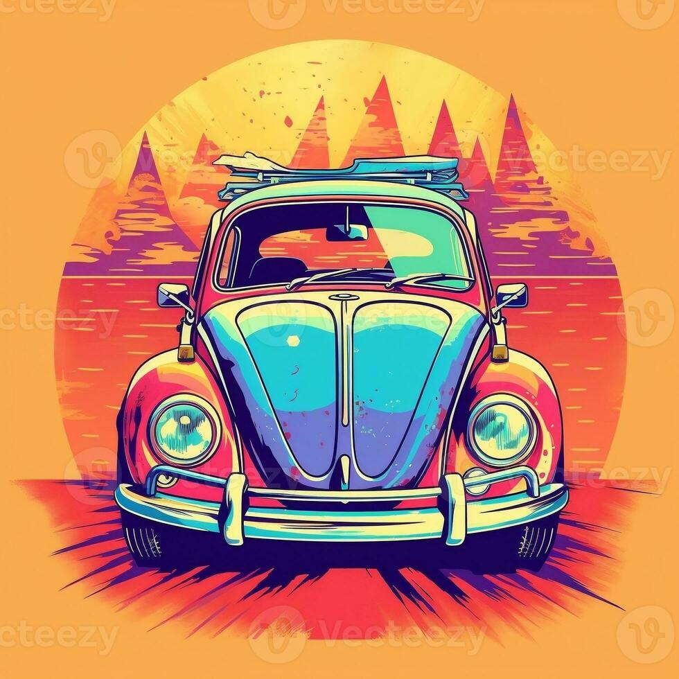 Flat design of one retro ,Volkswagen beetle, colorful shades, highly detailed, vector image generative ai photo