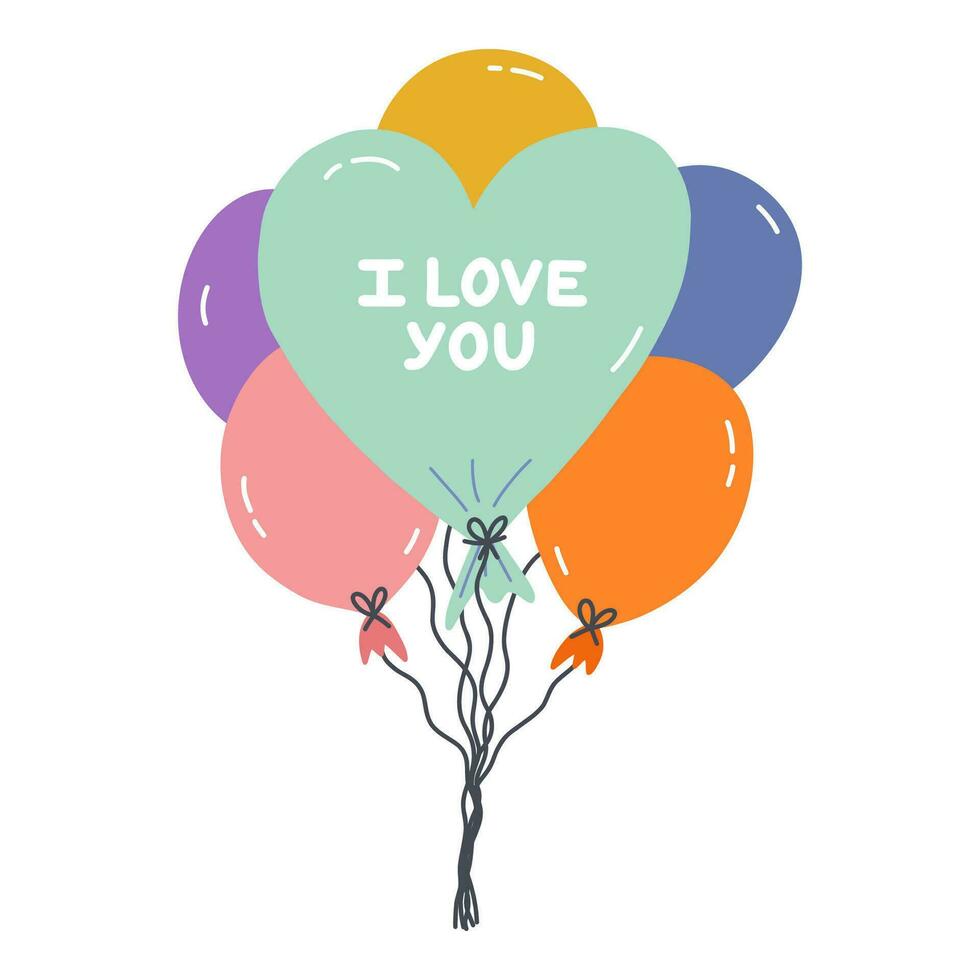 Cute hand drawn bunch of balloons with balloon in the shape of heart. Concept of happy birthday, holiday and celebration. Party decoration. Stylized hand drawn vector clipart in flat cartoon style