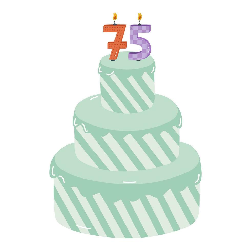 Cute birthday cake with burning candles in the form of numbers. Dessert for celebration each year of birth, anniversary. Stylized hand drawn clipart of holiday cupcake in the scandinavian style vector