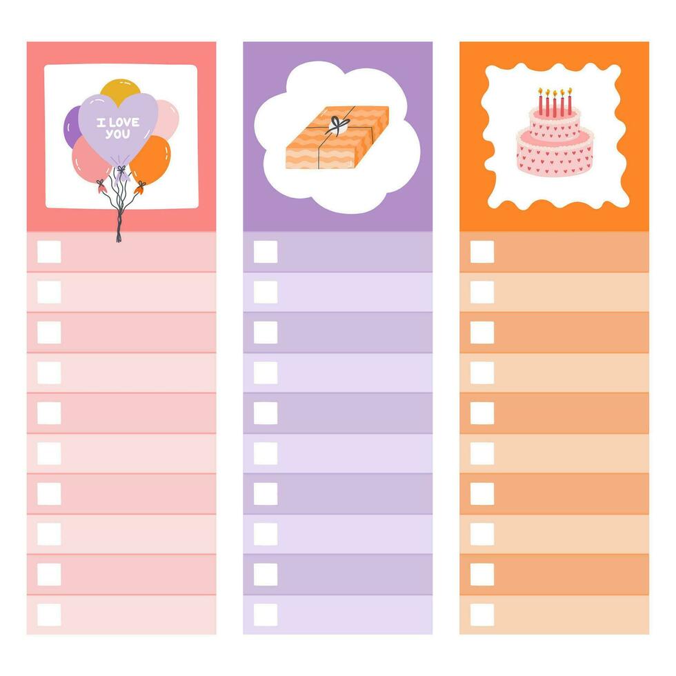 Cute scrapbook templates for planner. Notes, to do, to buy and other with colorful han drawn clipart about birthday party. With printable, editable illustrations. For school and university schedule vector