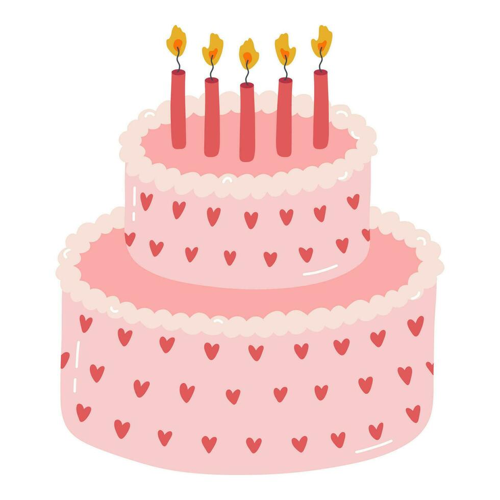 linda cumpleaños pastel con ardiente velas postre para celebracion, aniversario, boda. estilizado vector ilustración de fiesta magdalena de moda mano dibujado clipart en el escandinavo estilo