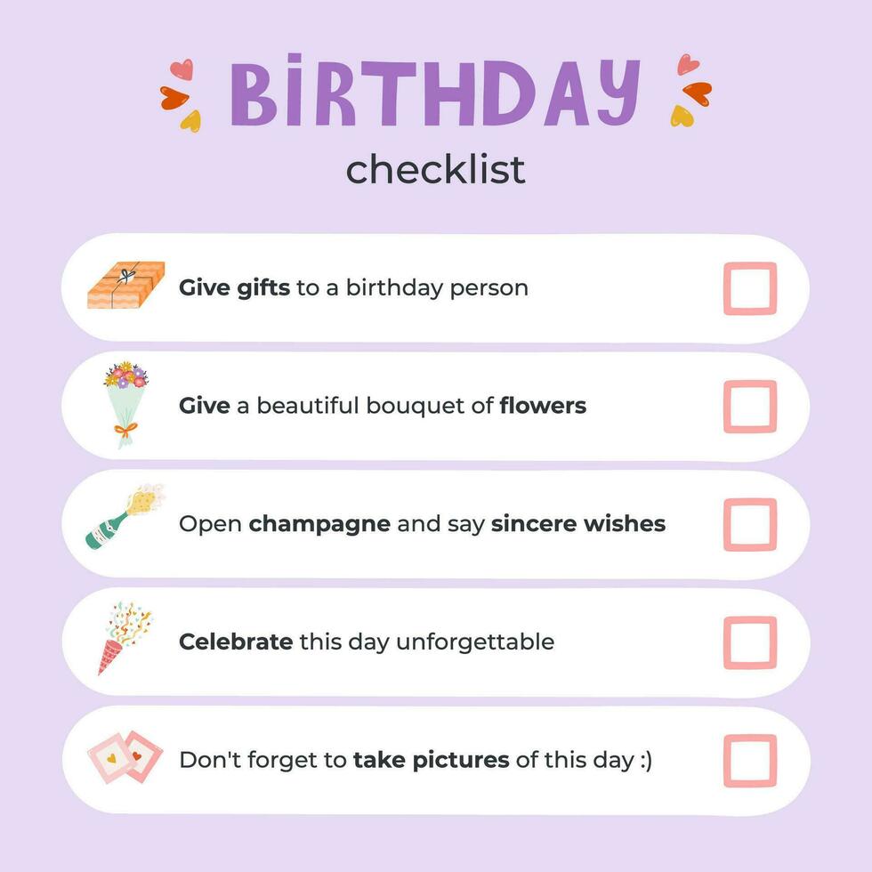 Happy Birthday checklist about party, celebration, holiday with cute hand drawn illustrations. Reminder of what to do at the anniversary or birthday party. Checklist is perfect for planner, notebook. vector