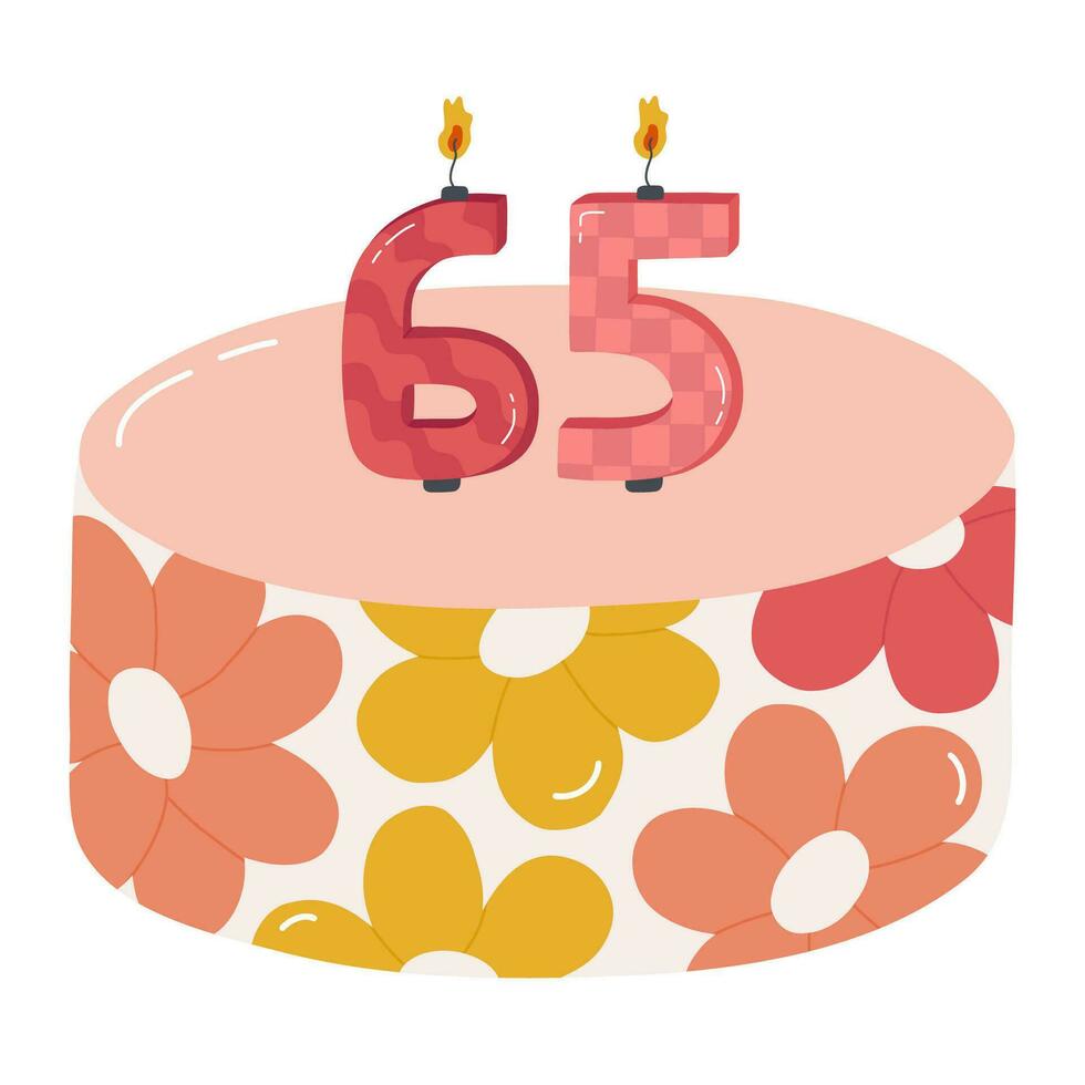 Cute birthday cake with burning candles in the form of numbers. Dessert for celebration each year of birth, anniversary. Stylized hand drawn clipart of holiday cupcake in the scandinavian style vector