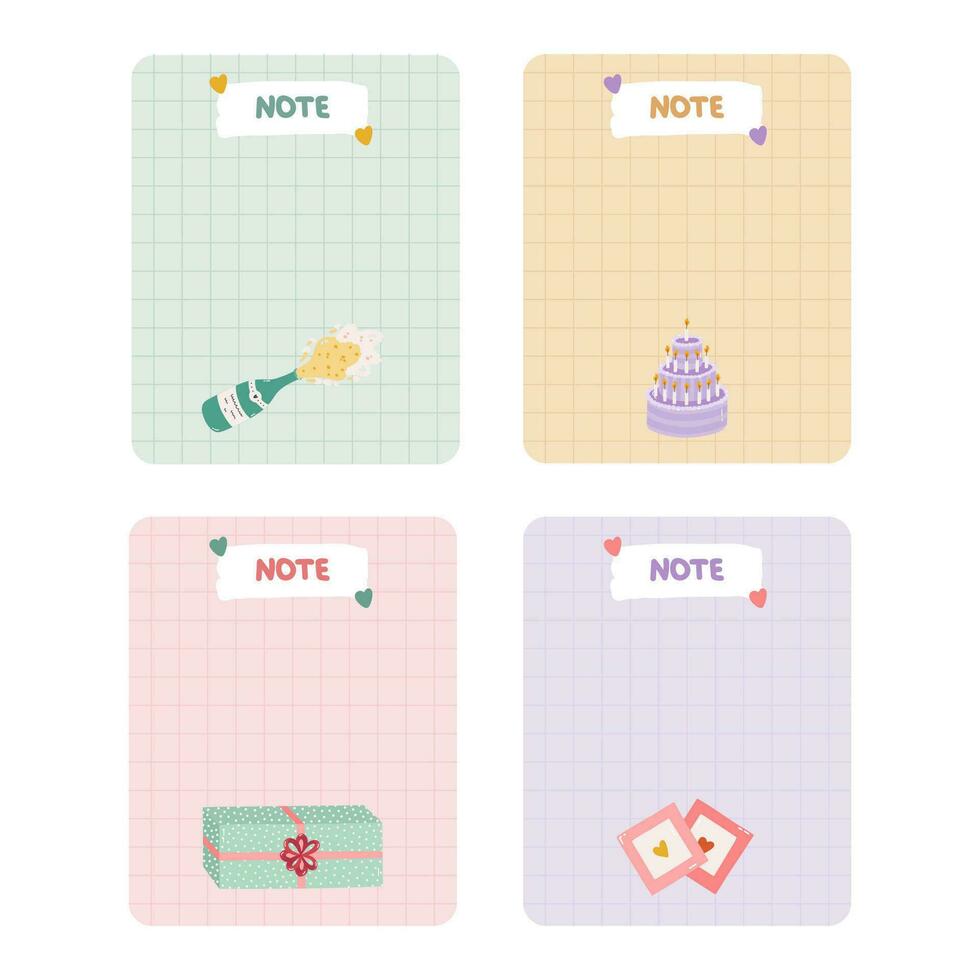 Cute scrapbook templates for planner - notes, to do, to buy and other with colorful han drawn clipart about birthday party. With printable, editable illustrations. For school and university schedule. vector