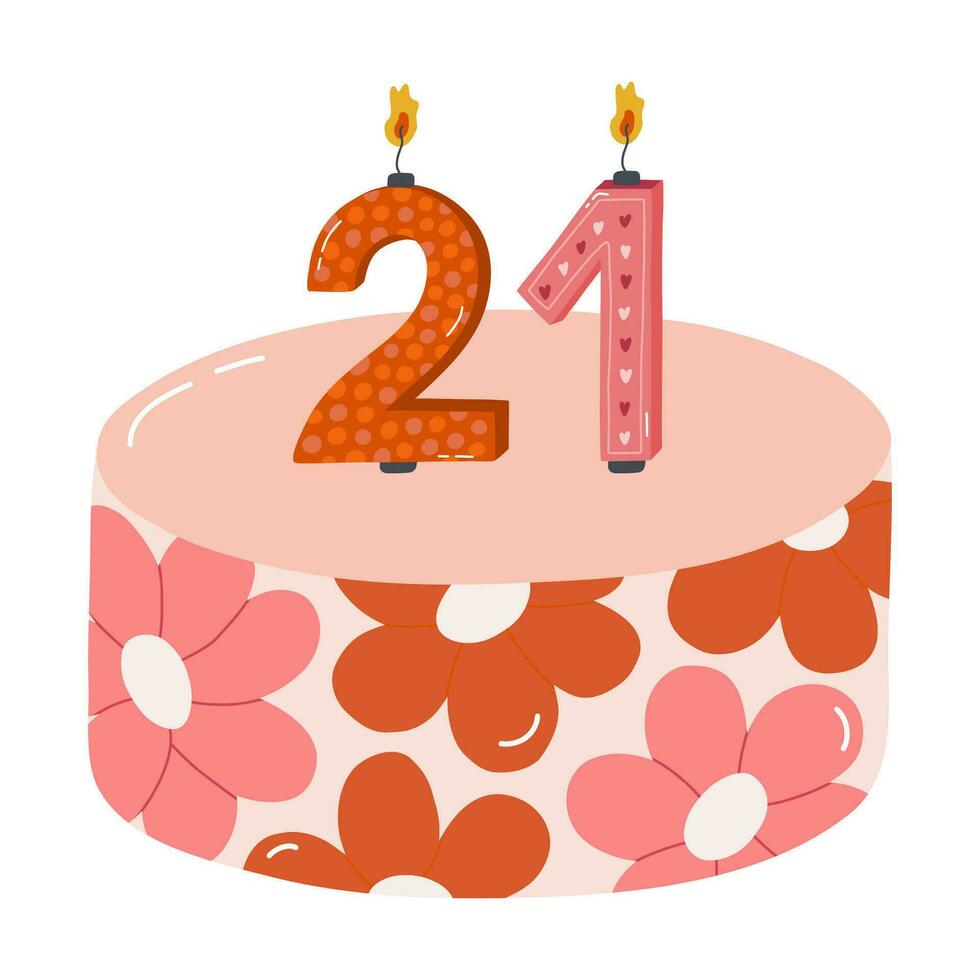 Cute birthday cake with burning candles in the form of numbers. Dessert for celebration each year of birth, anniversary. Stylized hand drawn clipart of holiday cupcake in the scandinavian style vector