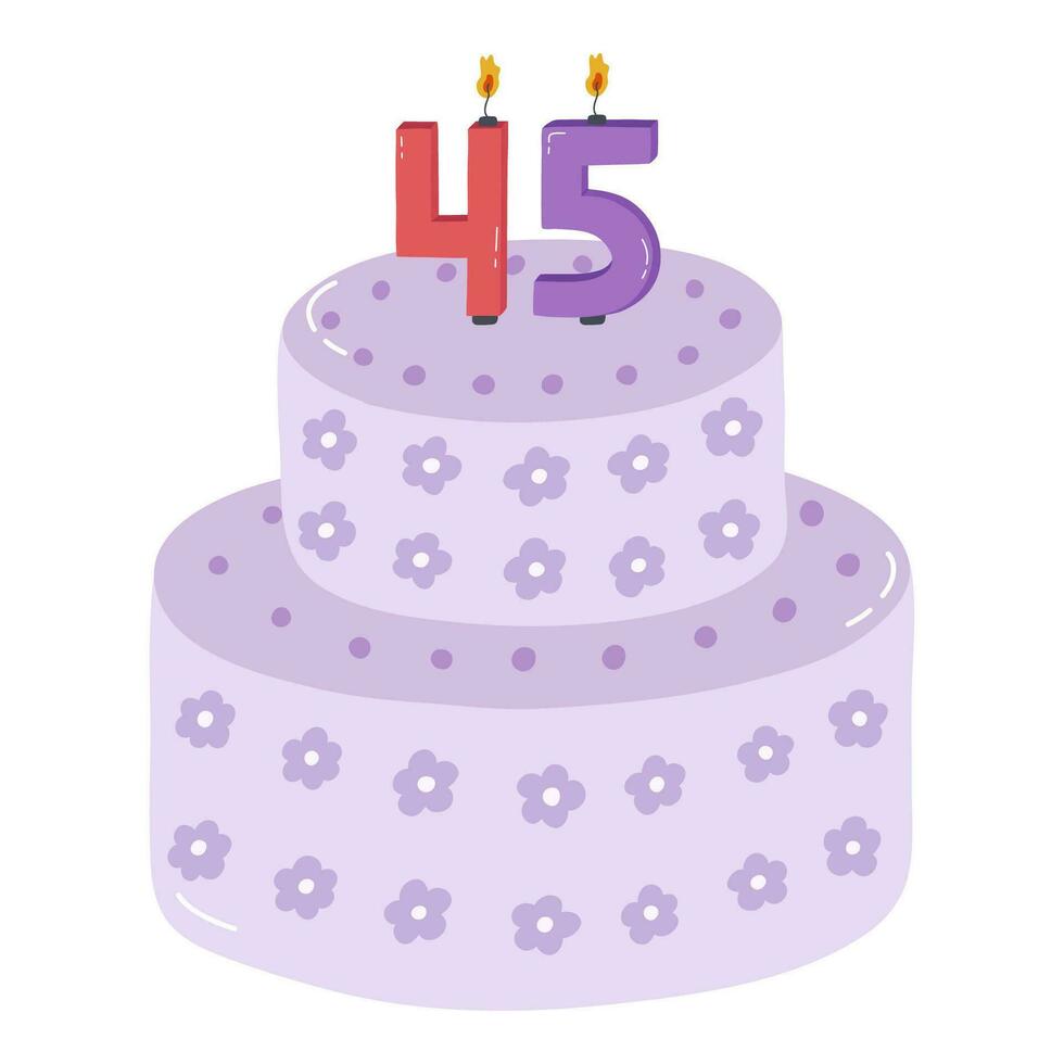 Cute birthday cake with burning candles in the form of numbers. Dessert for celebration each year of birth, anniversary. Stylized hand drawn clipart of holiday cupcake in the scandinavian style vector