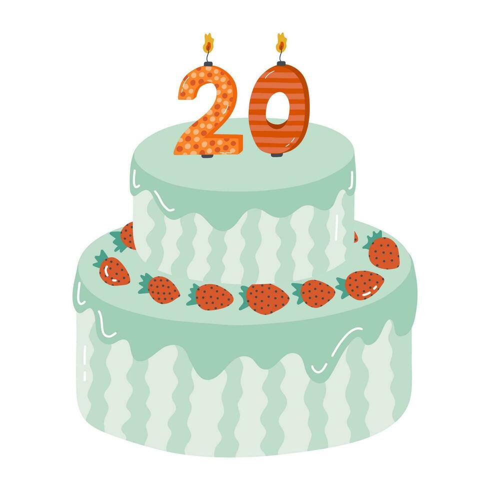 Cute birthday cake with burning candles in the form of numbers. Dessert for celebration each year of birth, anniversary. Stylized hand drawn clipart of holiday cupcake in the scandinavian style vector