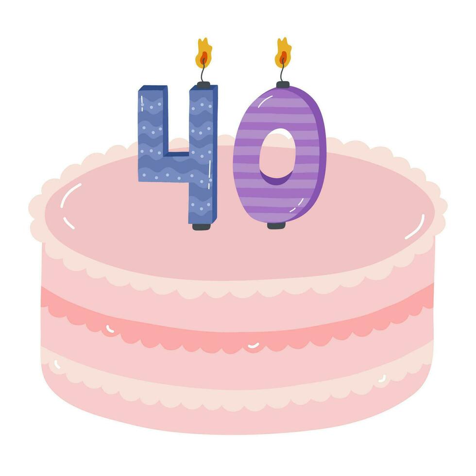 Cute birthday cake with burning candles in the form of numbers. Dessert for celebration each year of birth, anniversary. Stylized hand drawn clipart of holiday cupcake in the scandinavian style vector