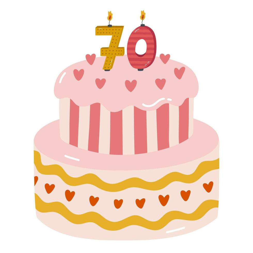 Cute birthday cake with burning candles in the form of numbers. Dessert for celebration each year of birth, anniversary. Stylized hand drawn clipart of holiday cupcake in the scandinavian style vector