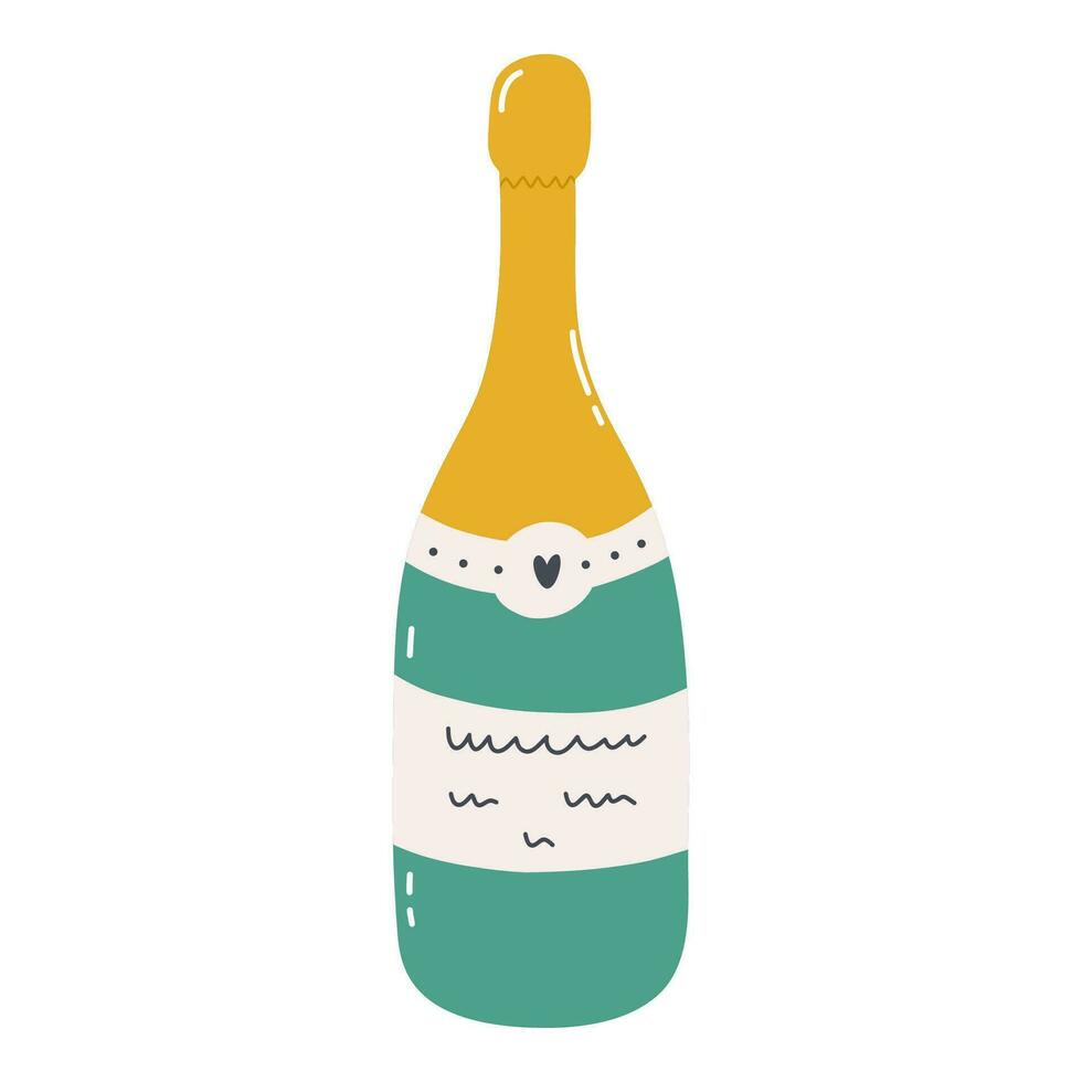 Cute closed champagne bottle. Concept of holiday, celebration, toast, cheers. Trendy and colorful hand drawn vector clipart in naive style isolated on background. Closed bottle with sparkling wine