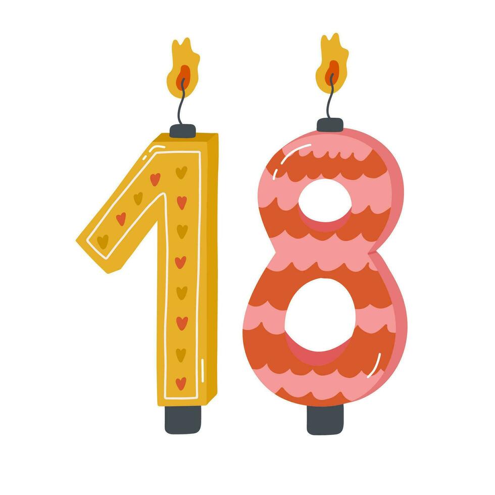 Cute hand drawn birthday candle numbers with burning flames in scandinavian style. Decoration for holiday cake for celebration 18-year anniversary of birthday, wedding. Stylized vector clipart