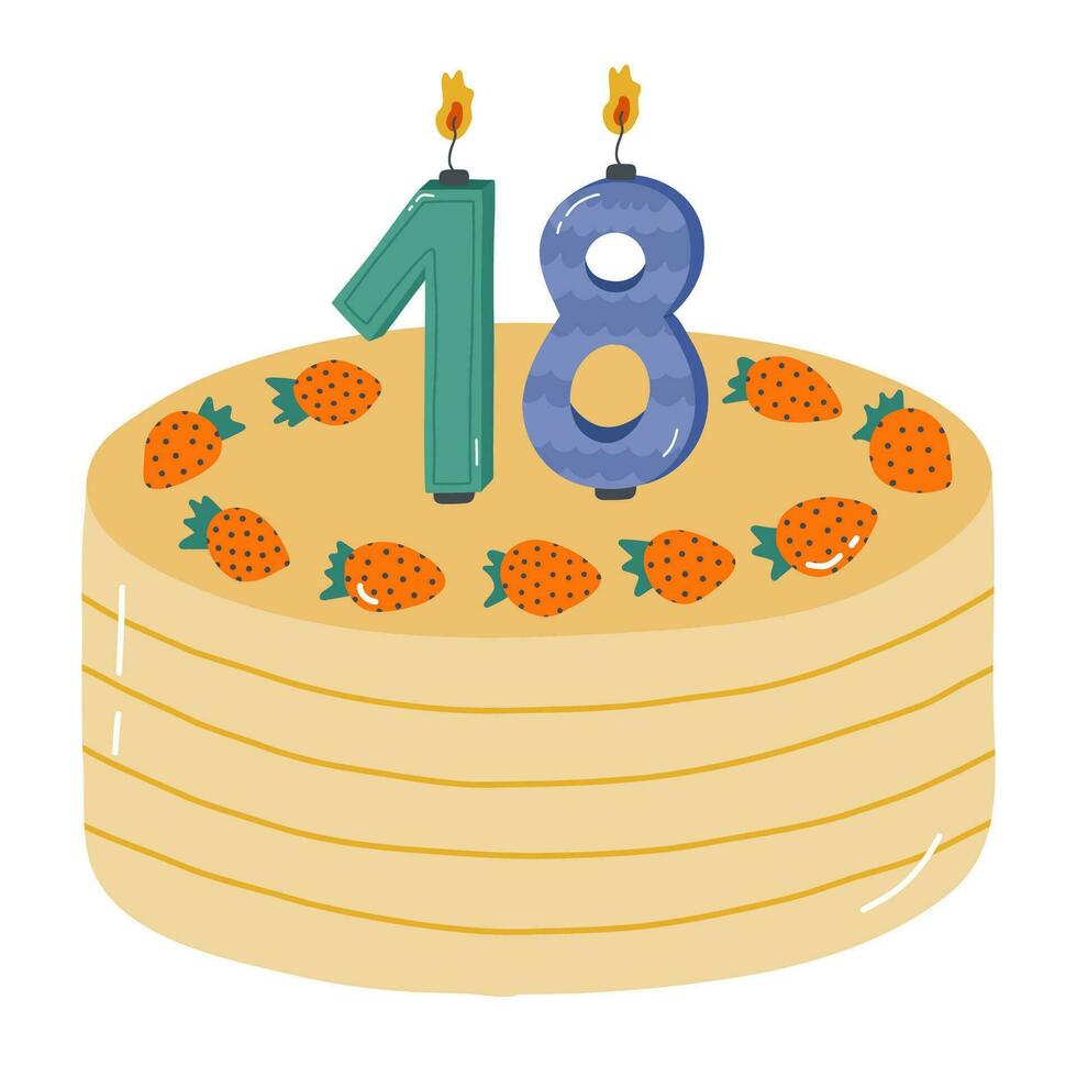 Cute birthday cake with burning candles in the form of numbers. Dessert for celebration each year of birth, anniversary. Stylized hand drawn clipart of holiday cupcake in the scandinavian style vector