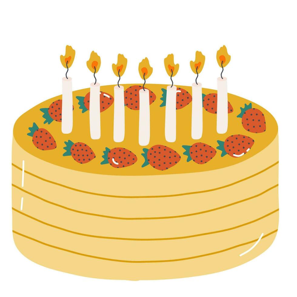 Cute birthday cake with burning candles. Dessert for celebration, anniversary, wedding. Stylized vector illustration of holiday cupcake. Trendy hand drawn clipart in the scandinavian style