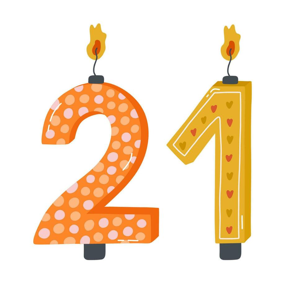 Cute hand drawn birthday candle numbers with burning flames in scandinavian style. Decoration for holiday cake for celebration 21-year anniversary of birthday, wedding. Stylized vector clipart