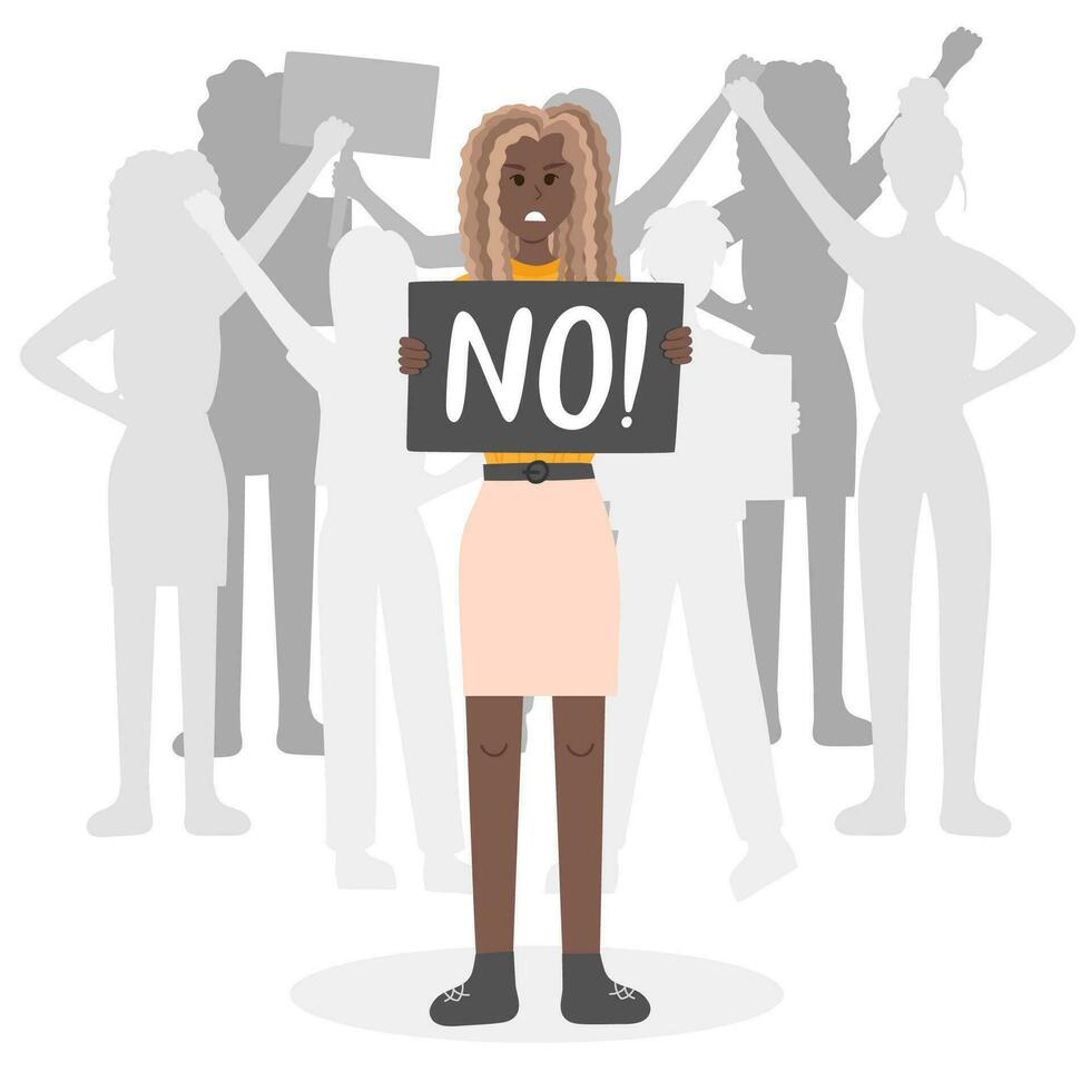 Crowd of protesters with angry girl holding a banner in front. Concept of protest, democracy, rights. Civil resistance. Hand drawn vector cartoon illustration. Female community. Demonstration