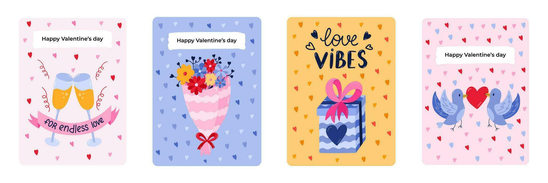 Set of cute postcard for Happy Valentine's day, birthday or other holiday. Posters with lettering and vector hand drawn illustration about love, romance, holiday, 14th February. Greeting card template