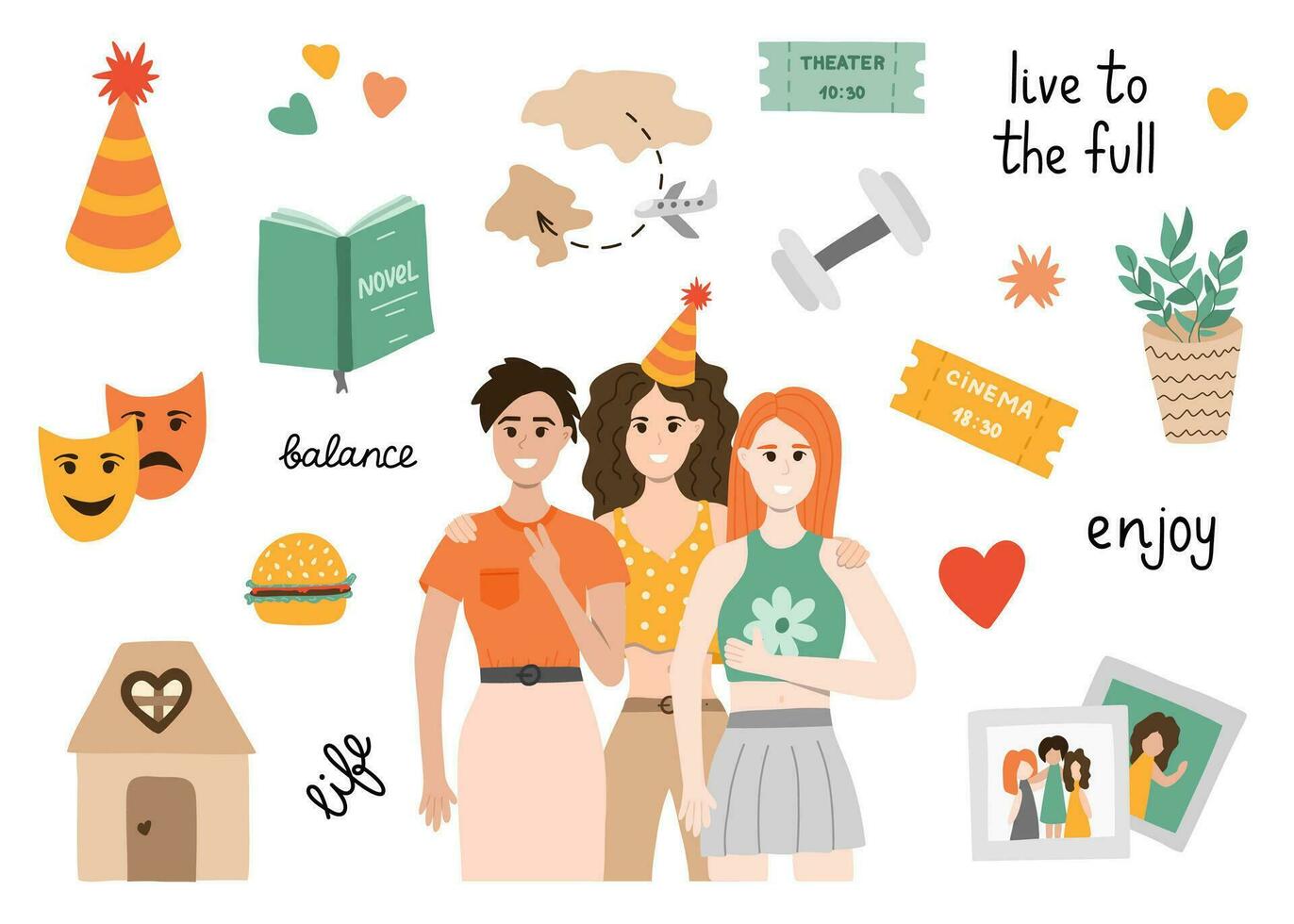 Set about full, saturated life. Fun illustration with three different woman. Clipart about family, friends, entertainment, sport, taking care of home. Isolated hand drawn vector about harmony in life