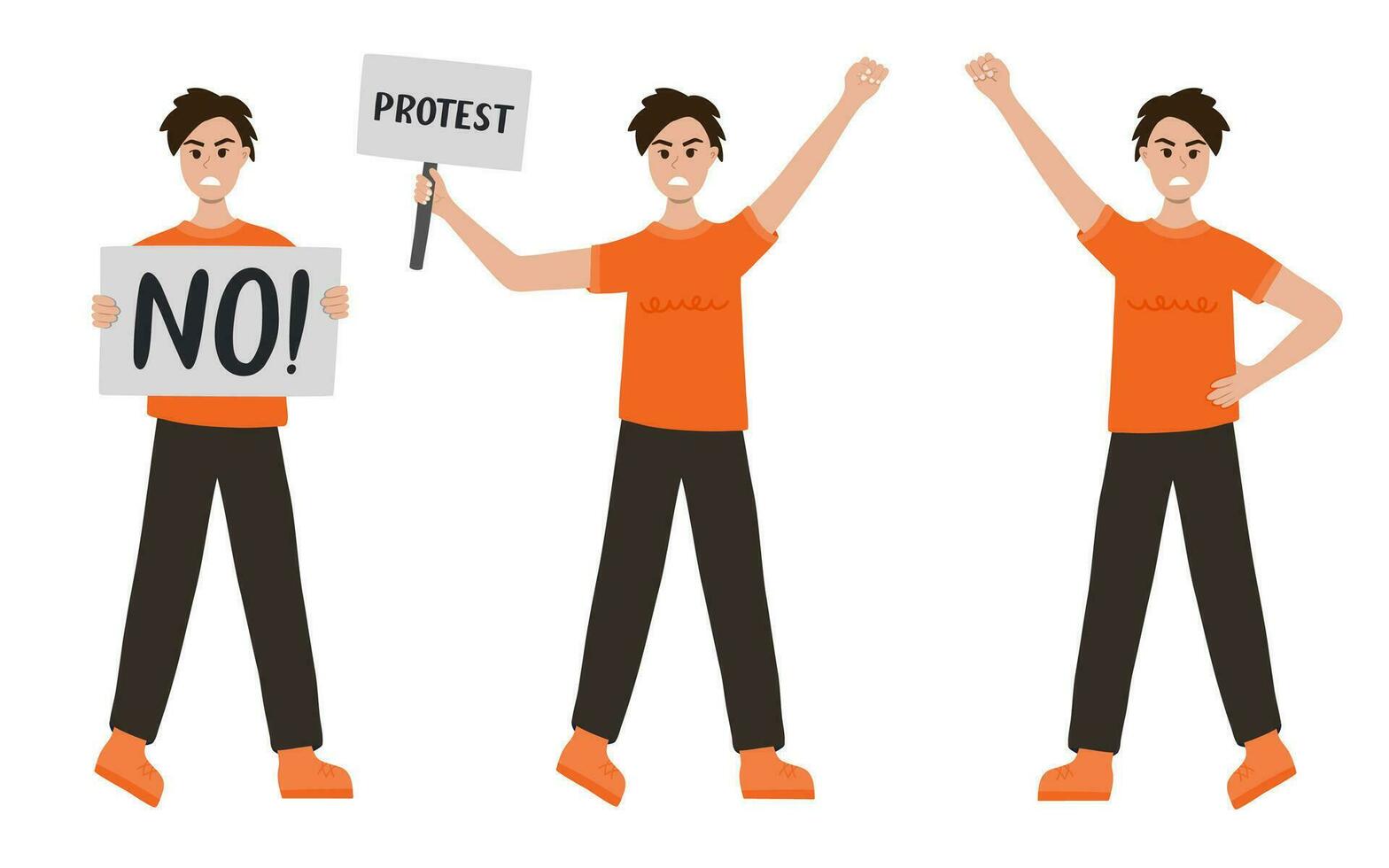 Women protests in different poses. Angry girl holding a banner, raising fist up. Concept of protest, democracy, rights. Civil resistance. Hand drawn vector cartoon illustration. Female community.