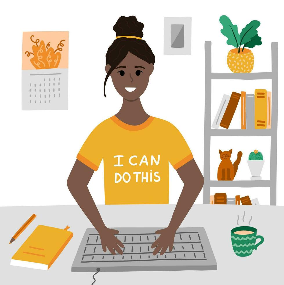 African american girl works before computer, typing on keyboard, looking on the screen. Business, lifestyle, educational concept. Vector illustration with young woman. Office work at home, freelance.