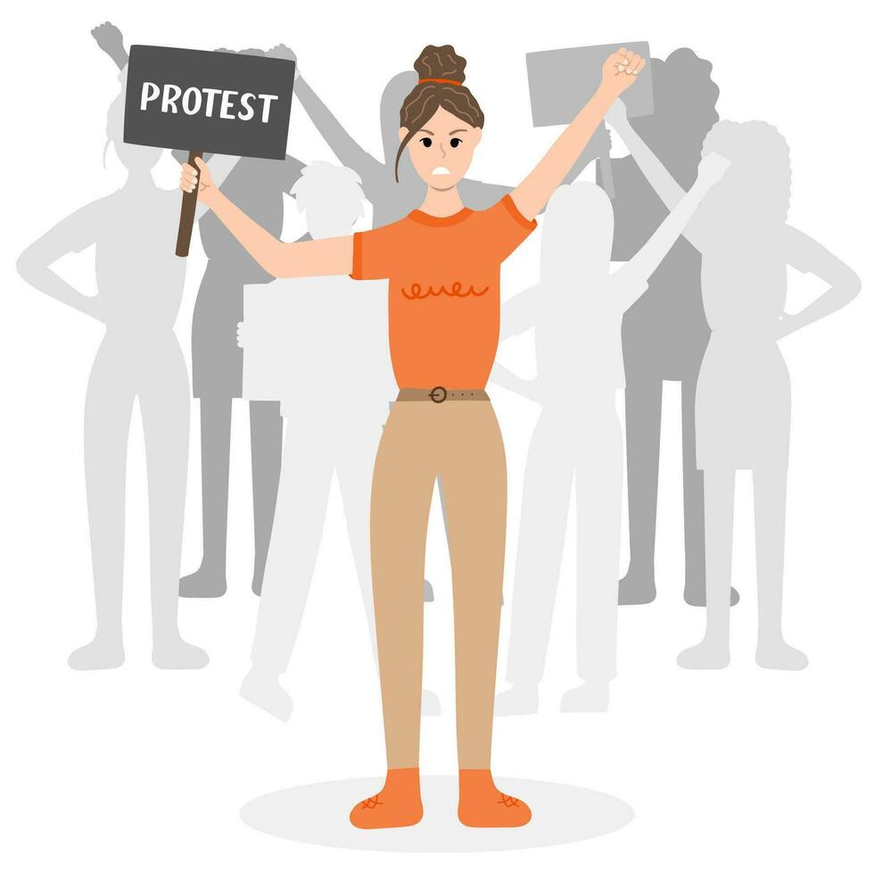 Crowd of protesters with angry girl holding a banner and raising fist up in front. Concept of protest, democracy, rights. Civil resistance. Hand drawn vector cartoon illustration. Female community